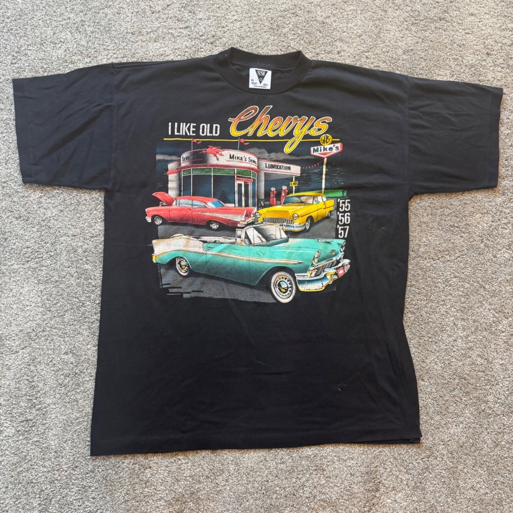 Vintage 90s SSI I Like Old Chevys T-Shirt XL Black Classic Cars Graphic Tee